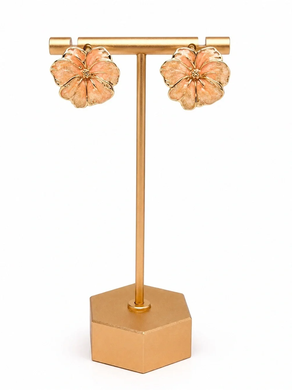 Gold Tone Peach Enamel Hibiscus Flower Stud Earrings Tropical Floral Boho Chic